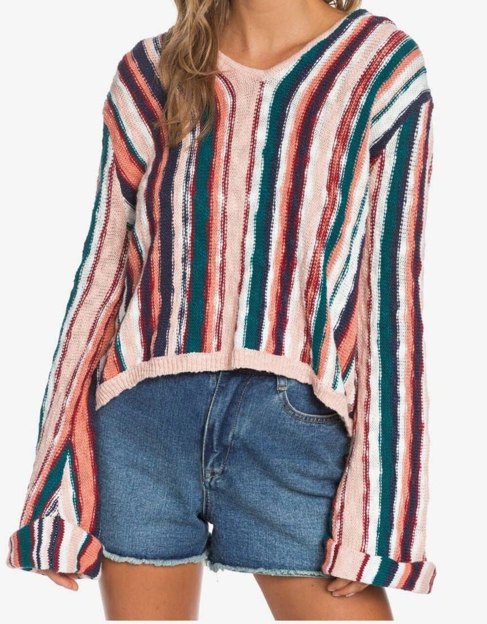 Roxy Sun Express Hooded Beachy Slouchy Striped Knit Sweater Size XS